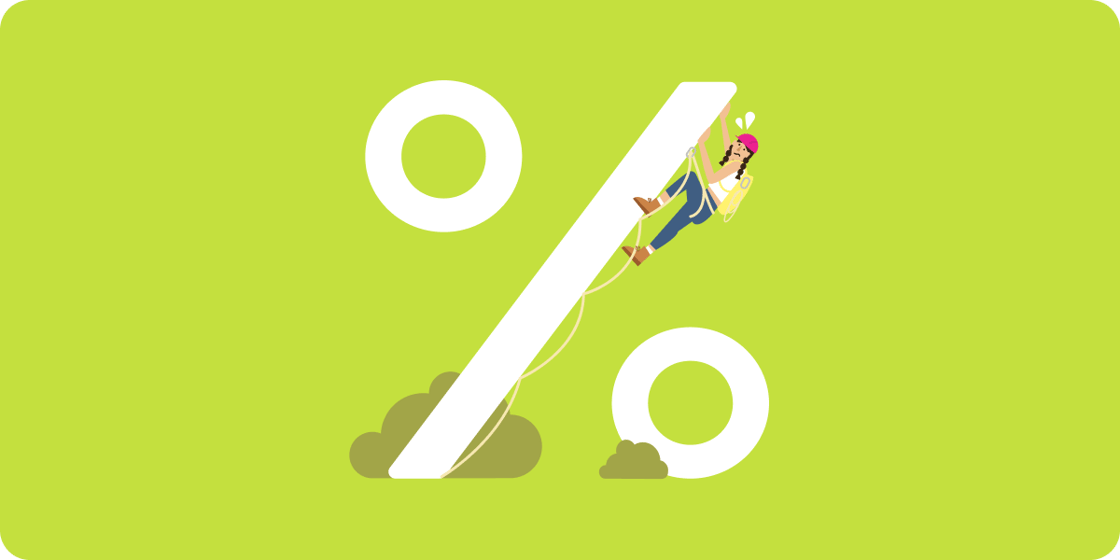 woman climbing a percentage symbol set on a bright green background